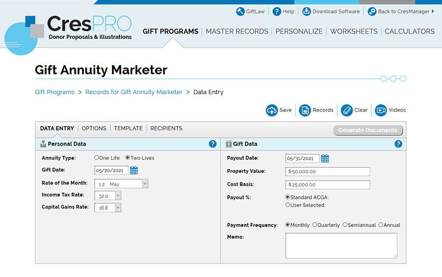 Gift Annuity Marketer Interface